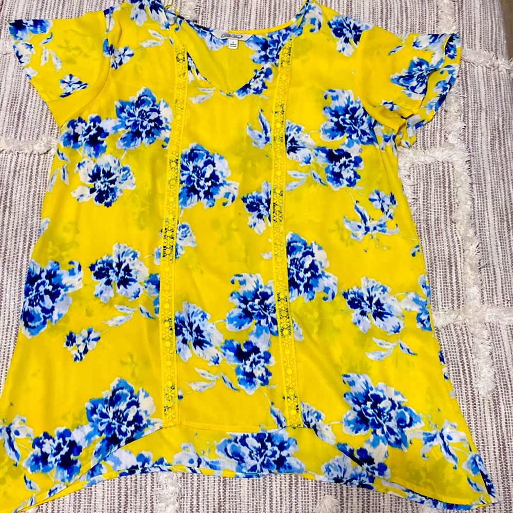 Pioneer Woman Yellow Blue Flowers Relaxed Top blouse shirt size large